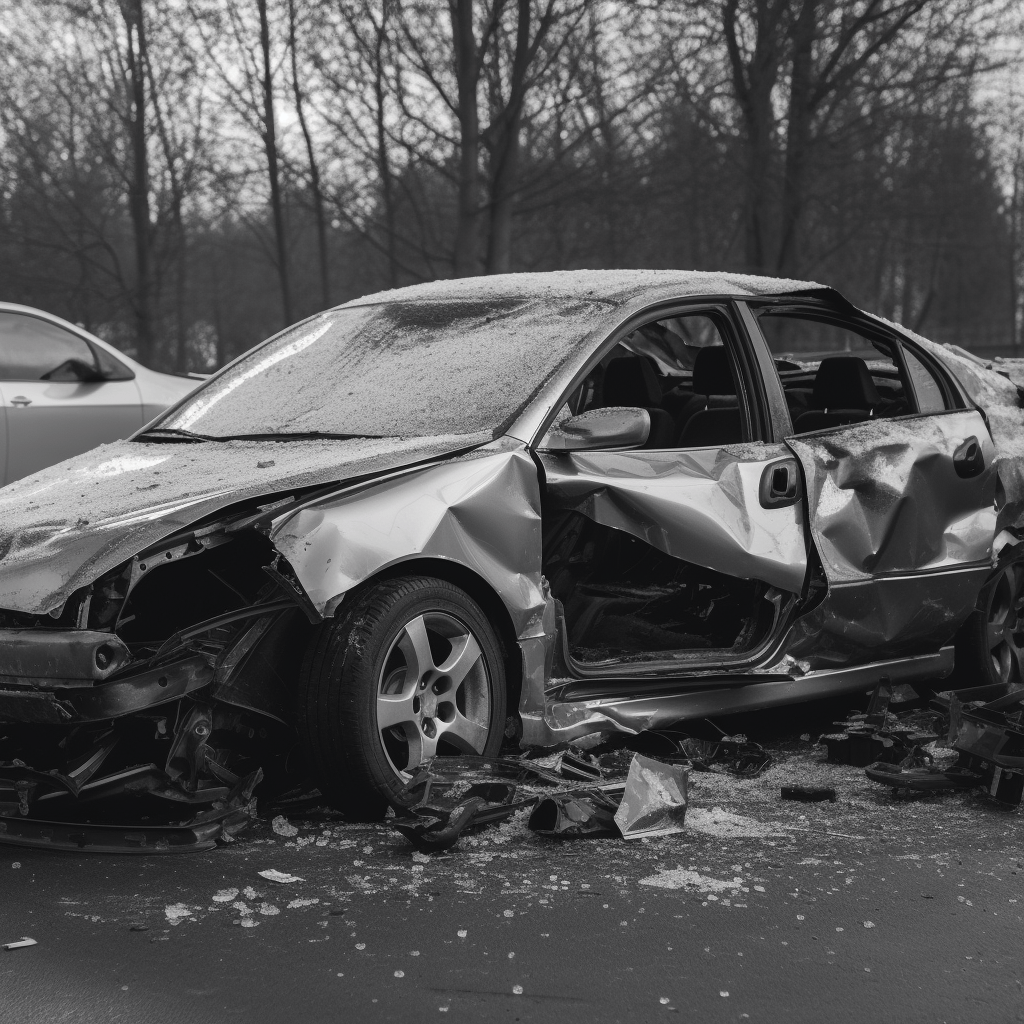 B&W image of a wrecked car