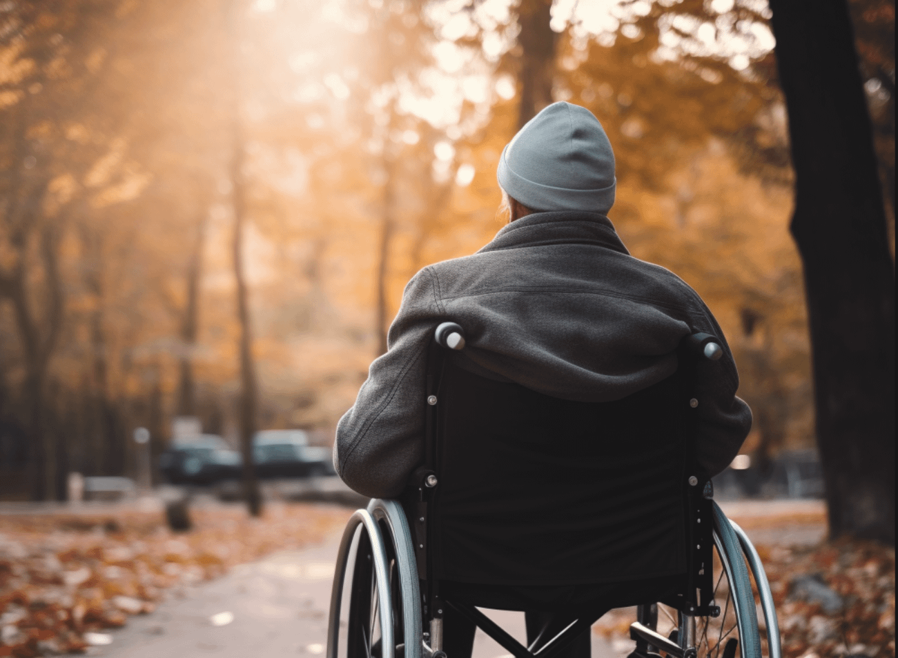 A person in a wheelchair at a park (fall weather)