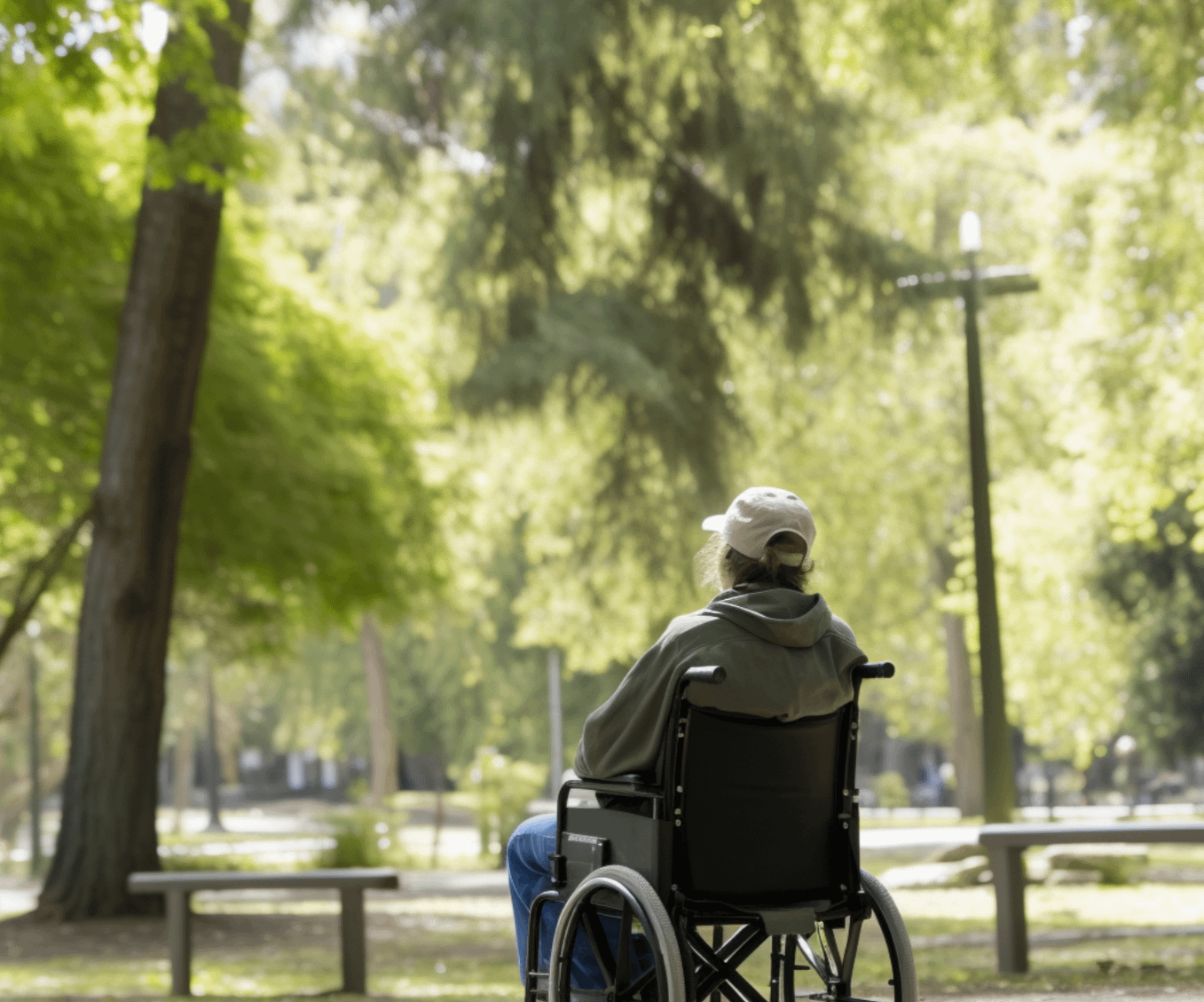 A person in a wheelchair at a park