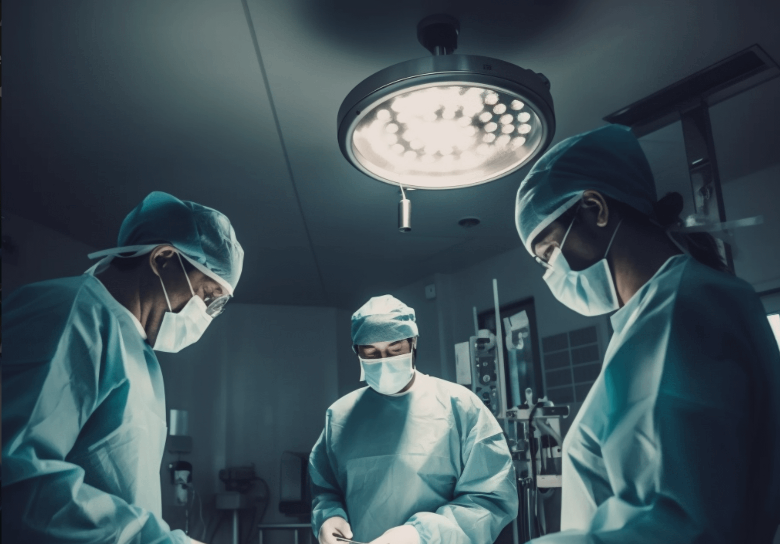A group of 3 surgeons in an OT about to operate on a patient