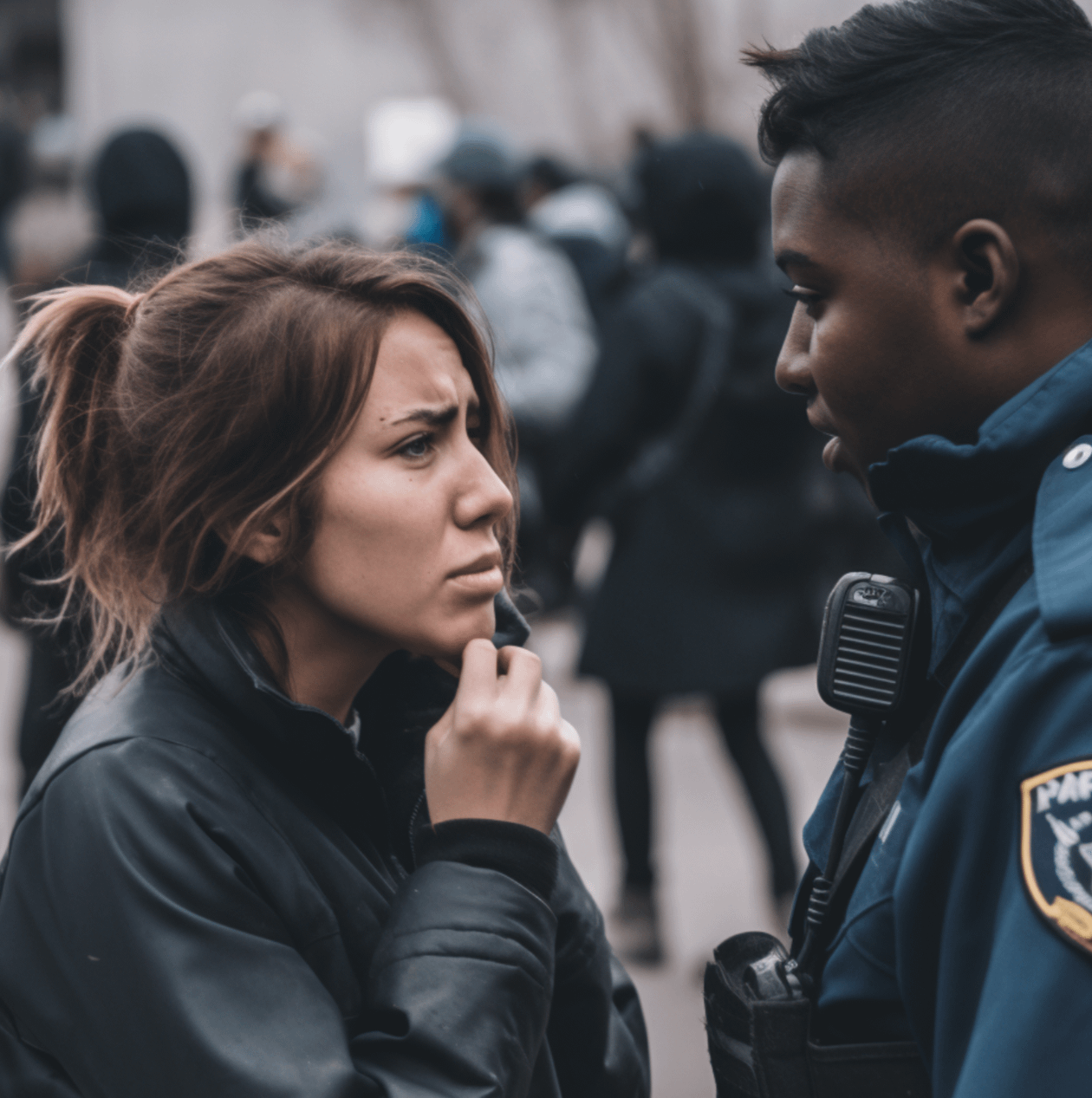 A woman in distress speaking to an officer